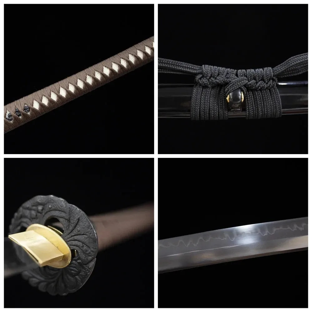 Four‑grid collage vintage‑iron floral‑blossom‑relief tsuba, brown‑cotton woven ito tsuka, high‑gloss‑black lacquered saya, sanbonsugi classic cedar‑wave hamon blade close‑up details