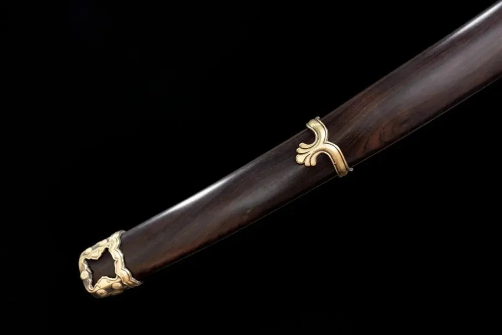 Bottom premium‑ebony‑solid‑hardwood saya vintage‑brass kojiri end‑cap close‑up