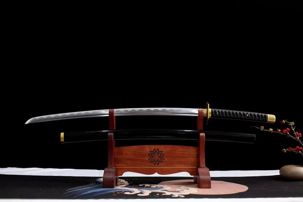 Flat fully drawn T10 choji tempered Sabito anime blade wood rack
