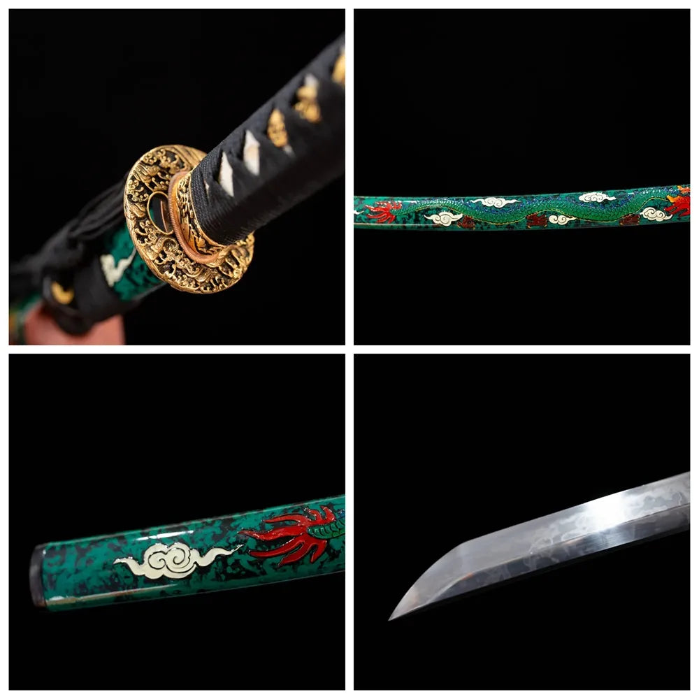Four‑grid collage gilded‑alloy coiled‑dragon‑king‑relief tsuba, black woven ito tsuka, emerald‑green hand‑painted red‑dragon‑auspicious‑cloud saya, hitatsura flowing‑water‑undulating hamon blade close‑up details