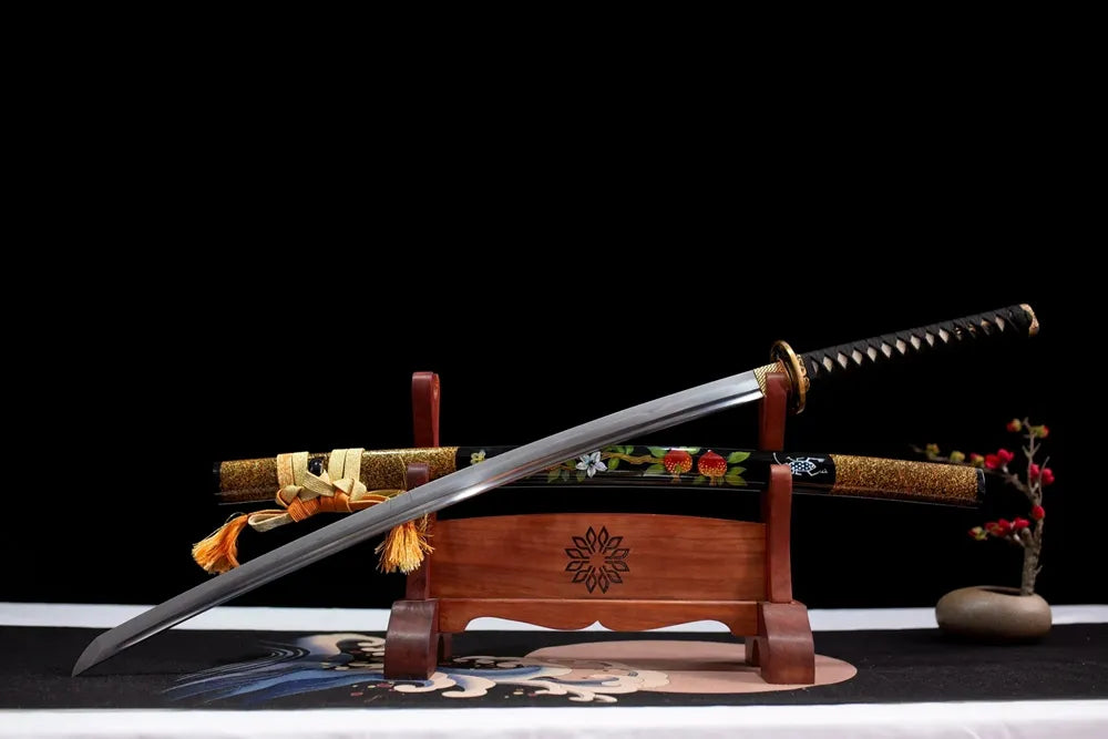 Slanted upright drawn Yoshino‑Katana yoshino‑sakura themed katana wooden shelf front perspective