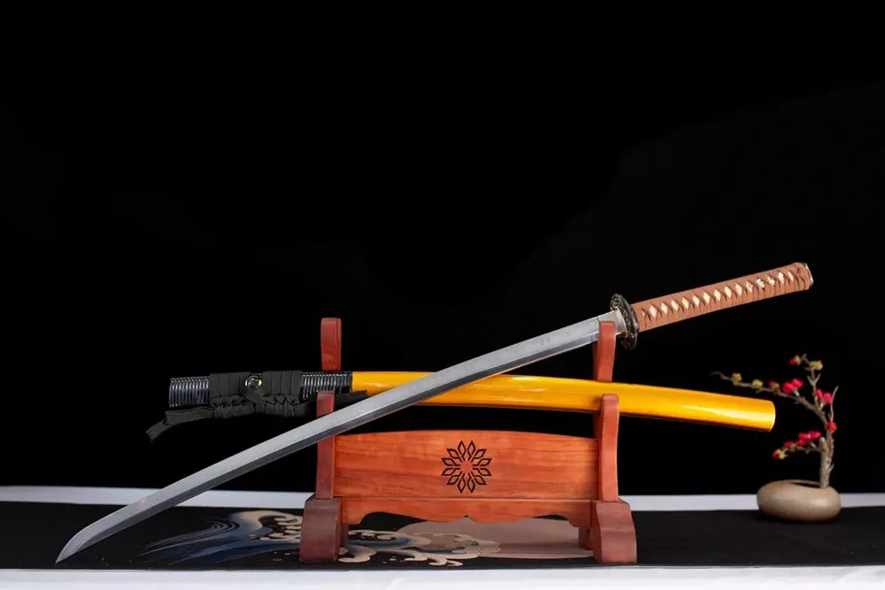 Slanted upright drawn Wave‑Current‑Katana wave‑current‑ocean‑nature‑art katana wooden shelf front perspective