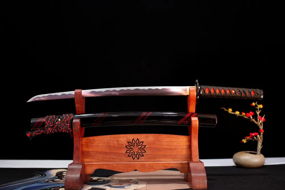 Flat fully‑drawn T10 clay‑tempered suguha‑hamon Wisp‑Red‑Wakizashi blade wooden rack front shot