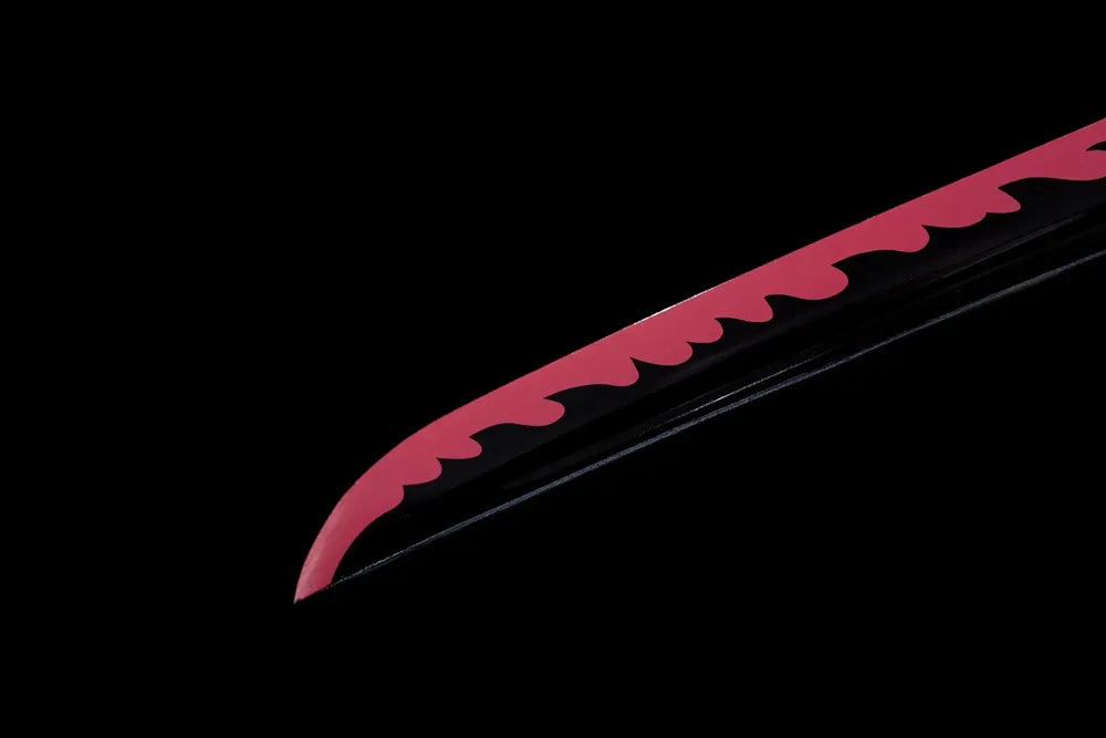Sharp curved kissaki Mitsuri nichirin blade tip close view