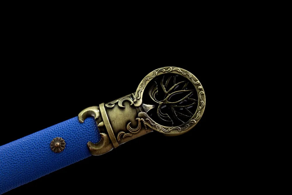 Top hollow lotus carved bronze kashira pommel close-up