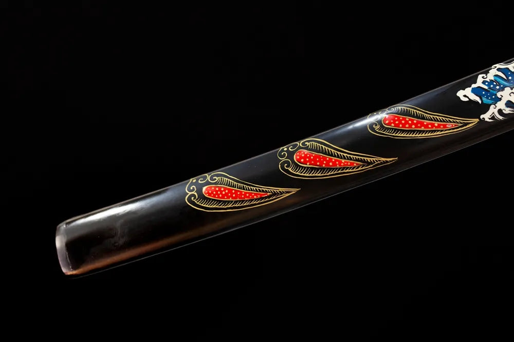 Bottom gloss‑black saya vintage‑black‑cloud‑alloy kojiri end‑cap close‑up