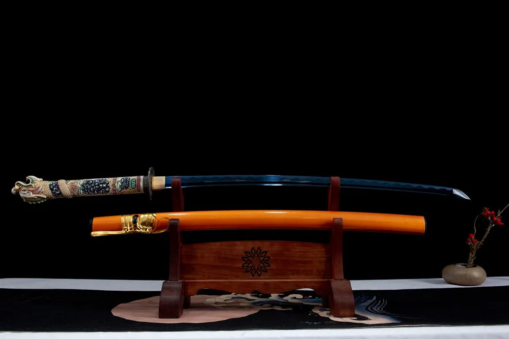 Highlander Dragon Katana | T10 Full Blue Polished Blade Sculpted Dragon Tsuka Black Iron Tsuba Golden Hardware Orange Lacquer Saya Disassemblable Katana