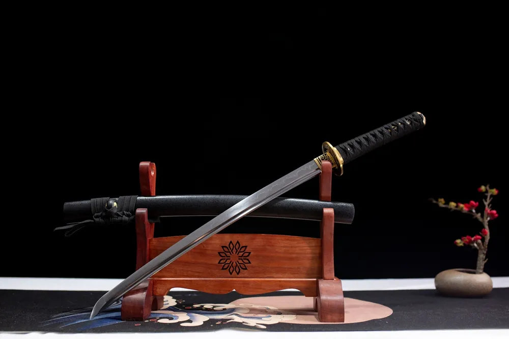 Slanted upright drawn traditional Diamond wakizashi short sword wooden shelf front perspective