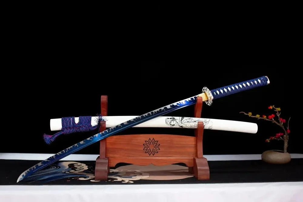 Slanted upright drawn Geisha‑Katana geisha‑ukiyo‑e‑figurative‑art katana wooden shelf front perspective