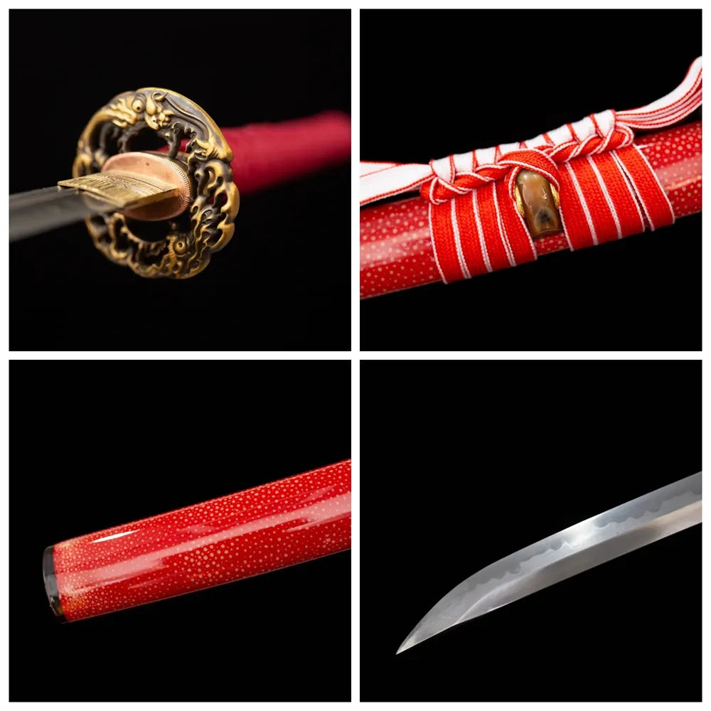 Four‑grid collage antique‑copper hannya‑oni‑demon‑relief tsuba, deep‑red ito tsuka, scarlet‑red white‑dot ray‑skin‑texture saya, sanbonsugi three‑cedar‑tree hamon blade close‑up details