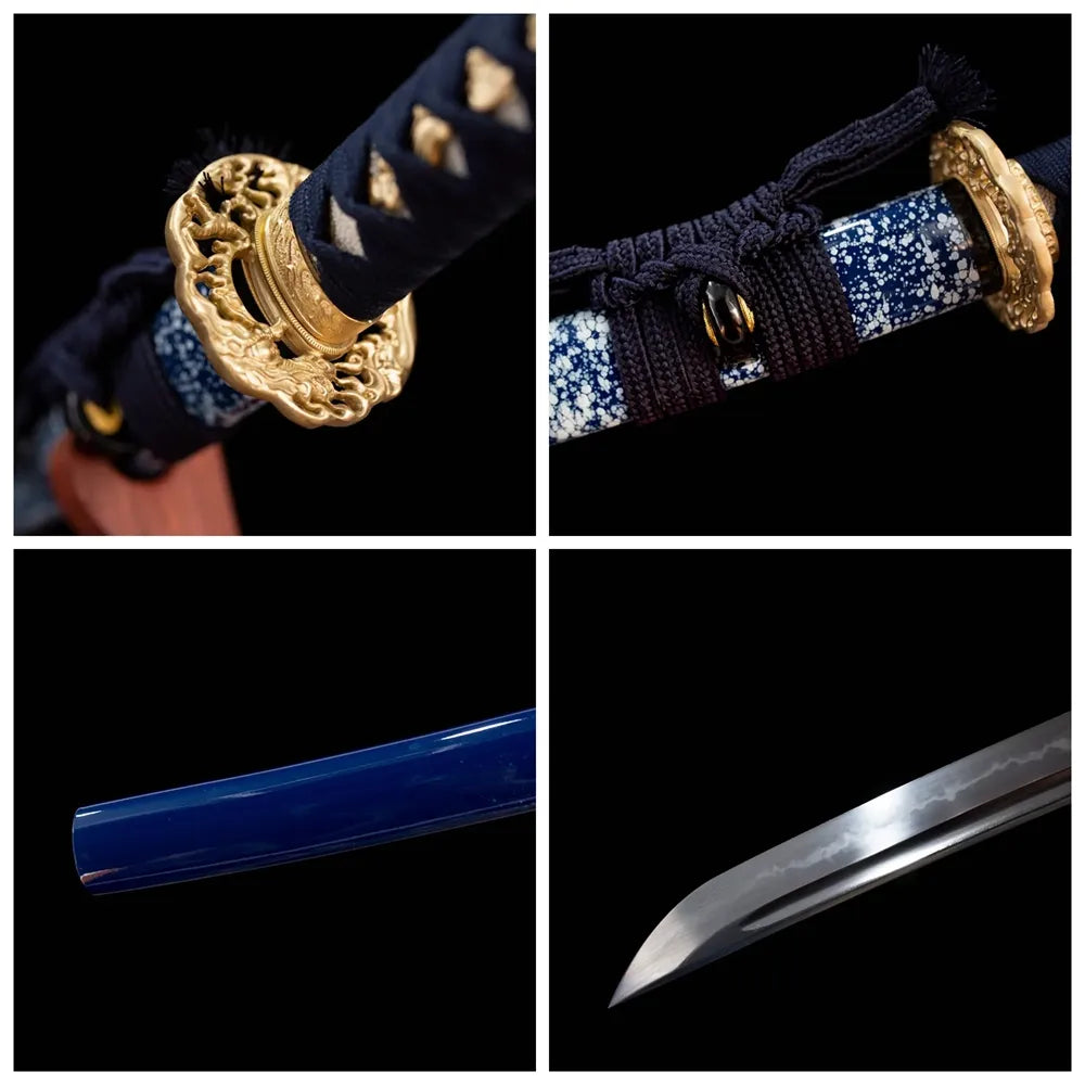 Four‑grid collage gilded‑copper oni‑phantom‑demon‑relief tsuba, navy‑blue woven ito tsuka, royal‑blue white‑star‑speckle saya, splash‑pattern splashing‑surf‑ripple hamon blade close‑up details‑compact wakizashi