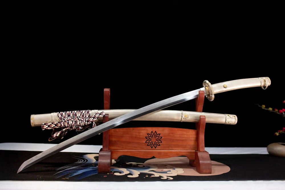 Slanted upright drawn White‑Knight‑Tachi chivalric‑fusion‑art tachi wooden shelf front perspective