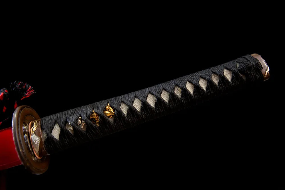 Full coffee woven tsuka golden maple leaf fittings front view