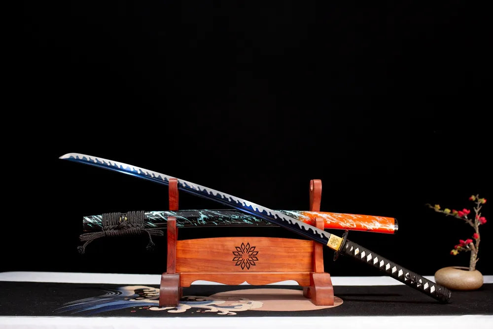 45‑angle open full‑size Battle‑Frenzy‑Katana battle‑frenzy fiery‑wave combat‑motif samurai katana two‑layer wooden stand front view