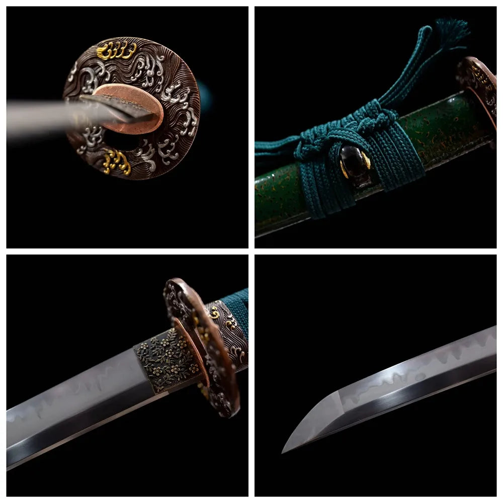 Four‑grid collage foliage‑carved brass tsuba, green‑thread tsuka, emerald‑gradient saya, natural hamon blade close‑up details