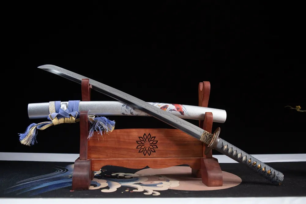 45 angle open mid wakizashi with koi print silver saya