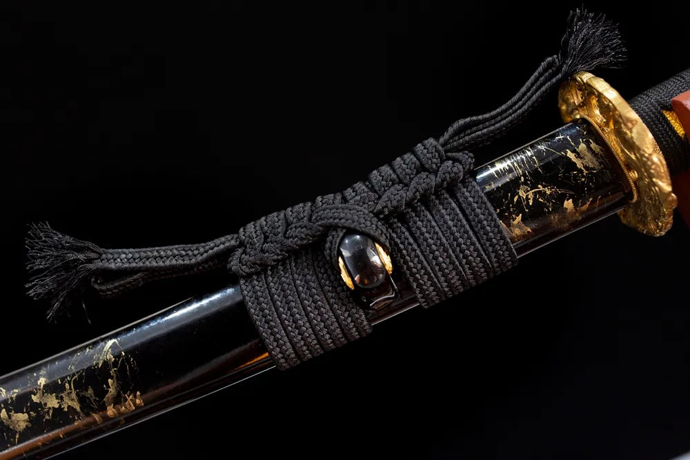 Thick heavy‑grade deep‑charcoal‑braided sageo cord aged‑bronze fitting macro close‑up