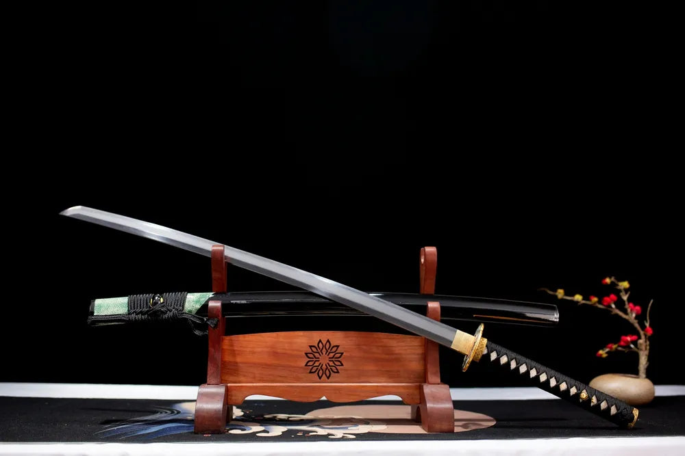 45‑angle open full‑size May‑Katana elegant may‑season japanese‑aesthetic samurai katana two‑layer wooden stand front view