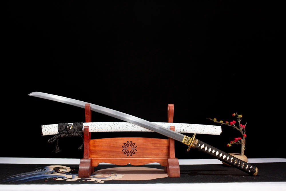 45‑angle open full‑size Dragon‑Shadow‑Katana oriental shadow‑dragon‑silhouette‑motif samurai katana two‑layer wooden stand front view