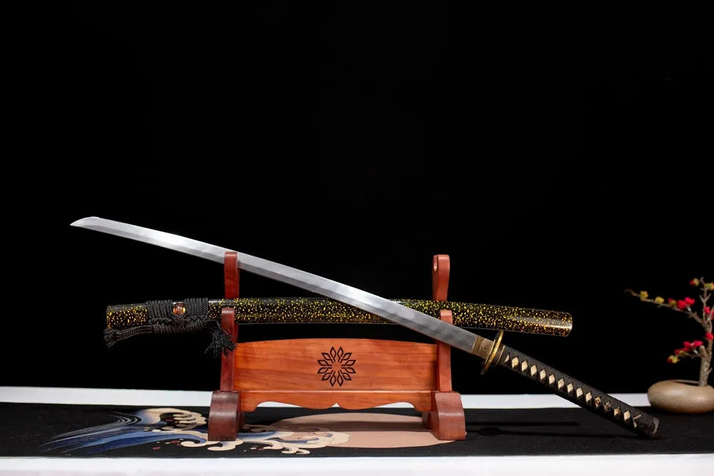 45‑angle open full‑size Paper‑Cranes‑Katana origami‑paper‑crane wish‑blessing‑motif samurai katana two‑layer wooden stand front view