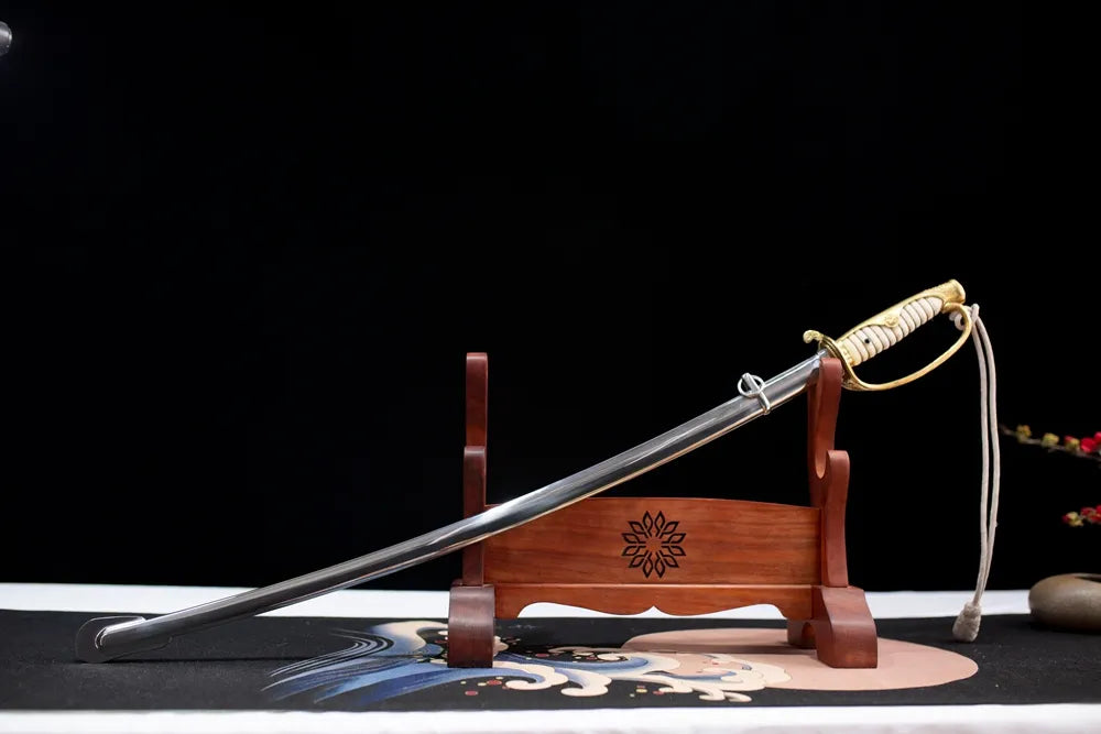 45° front fully sheathed Absolute‑Obedience historical cavalry saber placed on carved hardwood sword stand