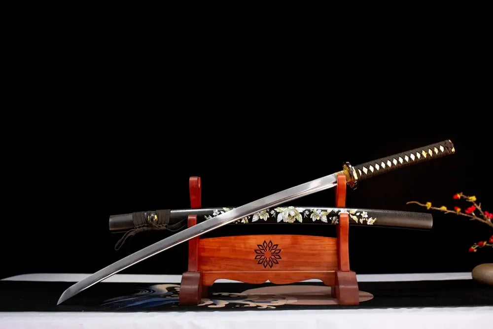 Slanted upright drawn Peony‑Katana peony‑floral‑aesthetic‑art katana wooden shelf front perspective