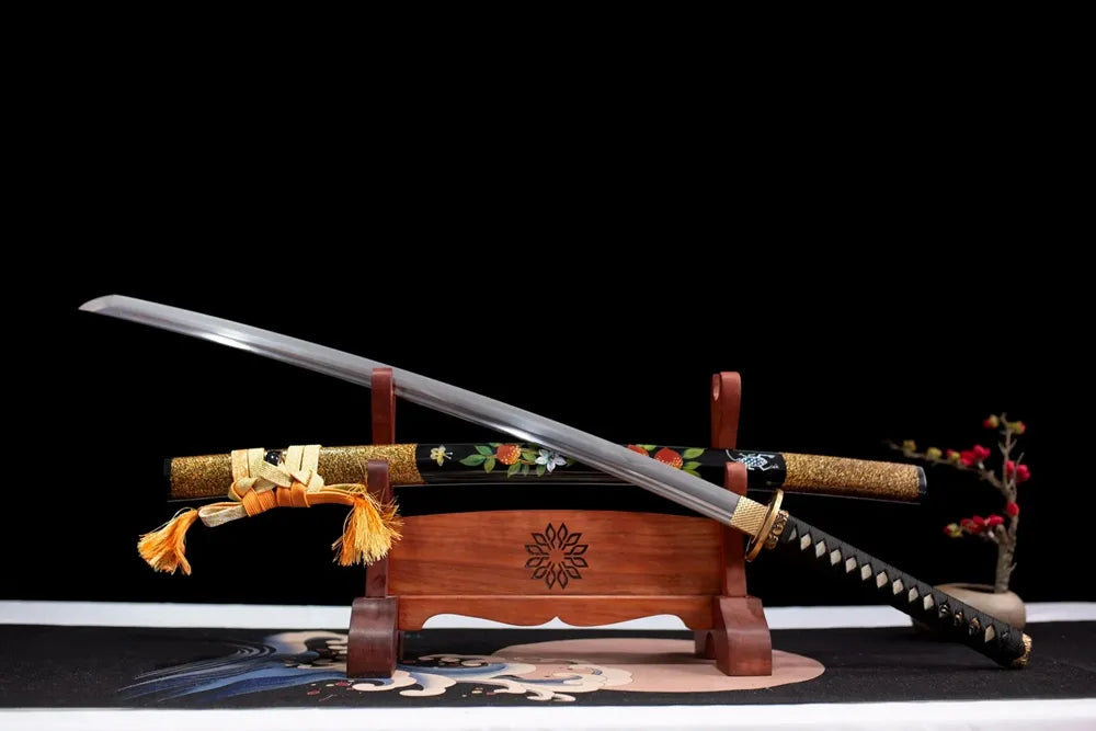 45‑angle open full‑size Yoshino‑Katana spring‑cherry‑blossom samurai katana two‑layer wooden stand front view
