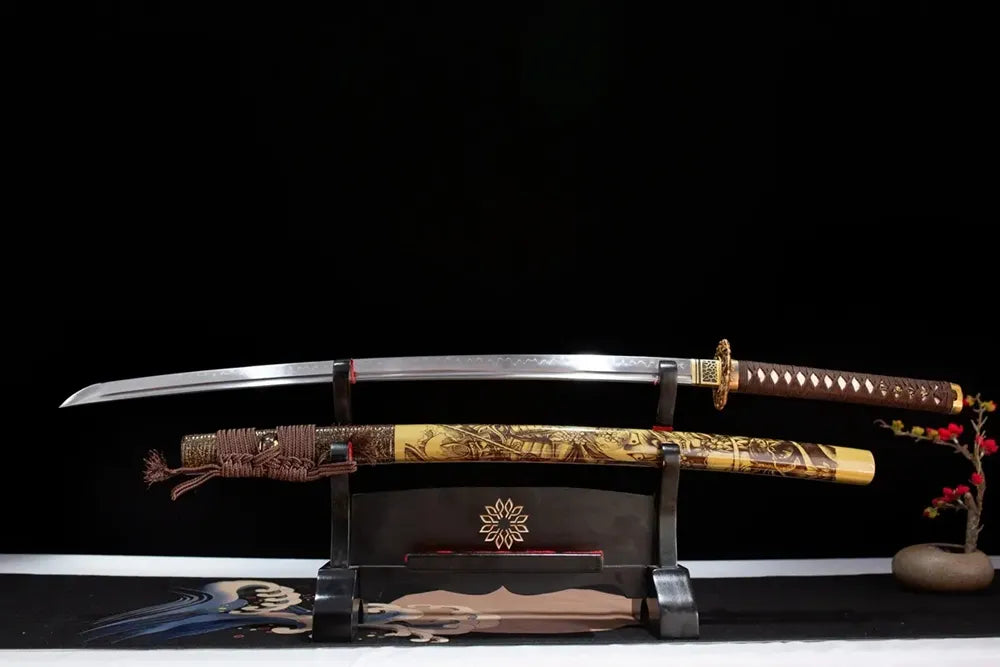 Flat fully‑drawn T10 clay‑tempered midare‑choji‑hamon Ghost‑Warrior‑Katana blade wooden rack front shot