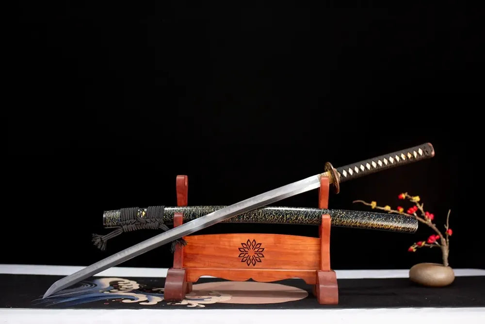 Slanted upright drawn Shining‑Katana shimmering‑gold‑radiant‑art katana wooden shelf front perspective