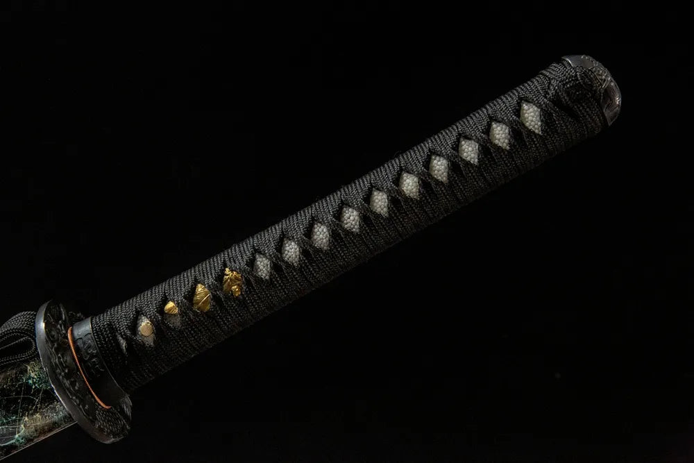 Full moro-hineri tsuka front view genuine ray skin stainless cloud dragon fuchi kashira