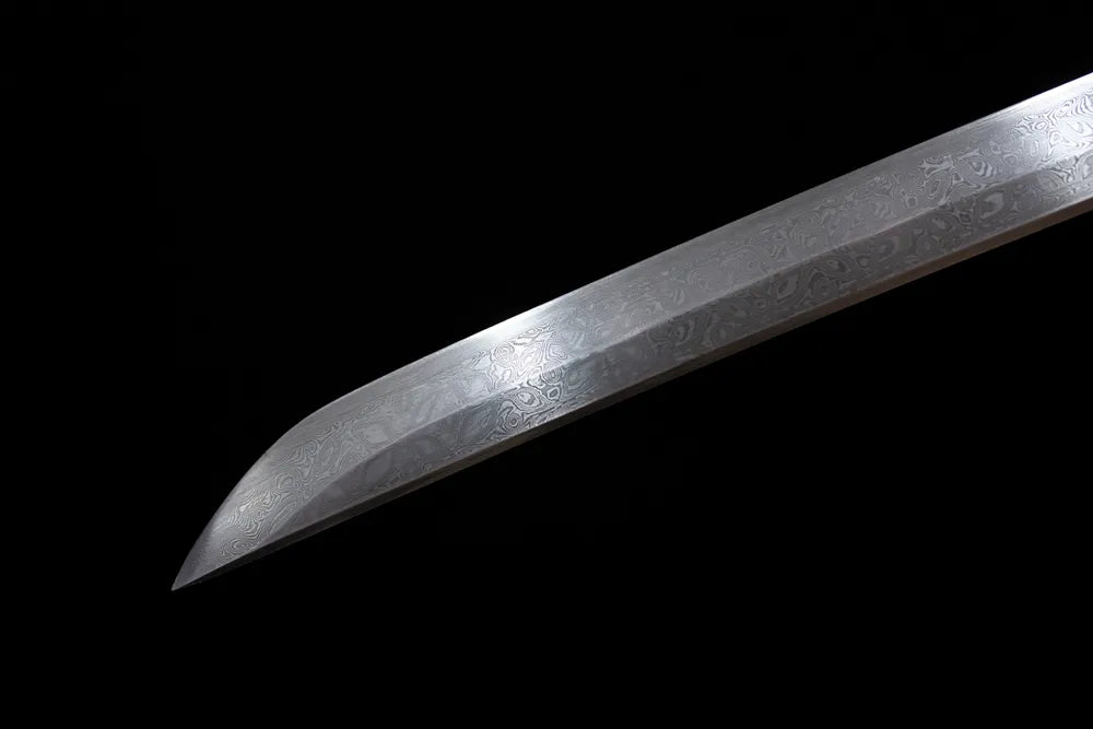 Classic functional katana‑style kissaki tip of Spring‑Breeze‑Ten‑Miles‑Katana damascus blade close‑up view