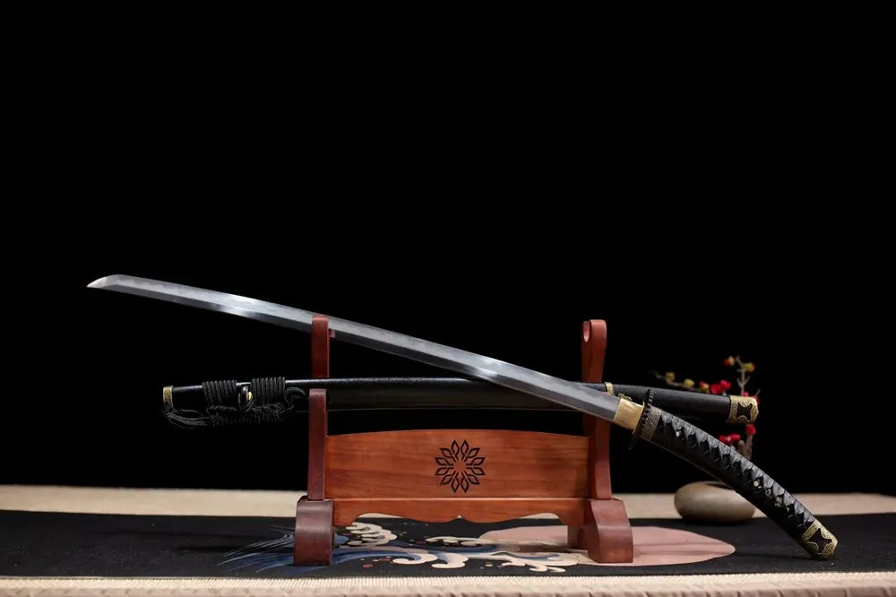 45‑angle open full‑size Black‑Tachi‑Sword dark‑solemn minimalist‑warrior historical‑style tachi two‑layer wooden stand front view