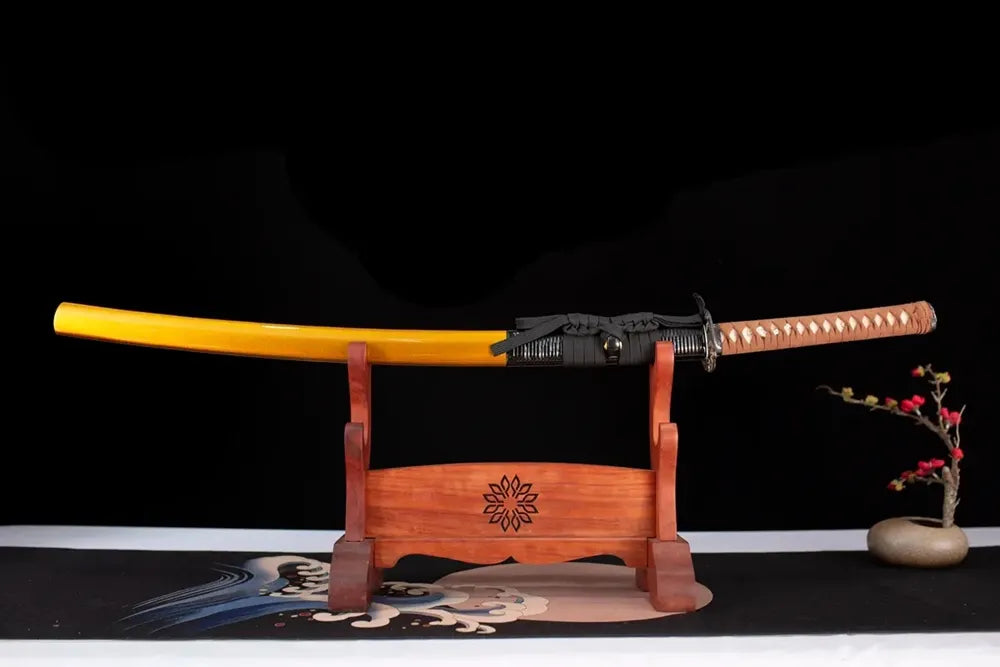Horizontal laid closed deep‑ocean‑blue tide‑wave‑ripple Wave‑Current‑Katana scabbard flat table‑top front display