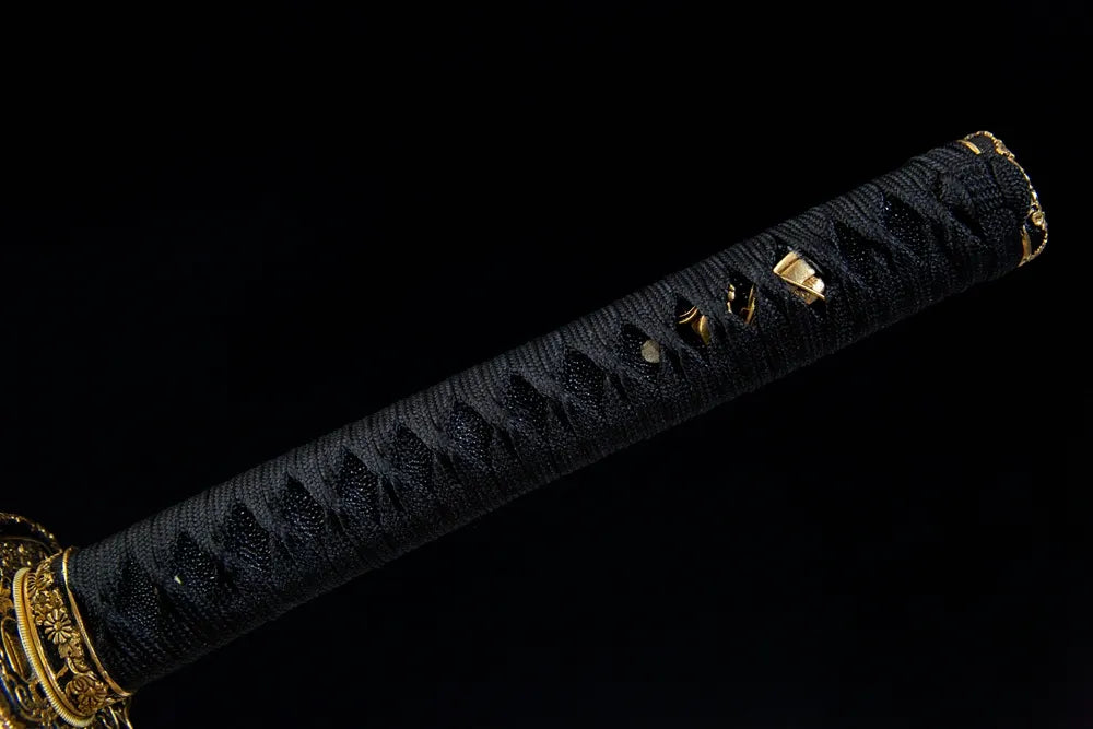 Full black woven tsuka front view golden mantis floral brass fuchi kashira