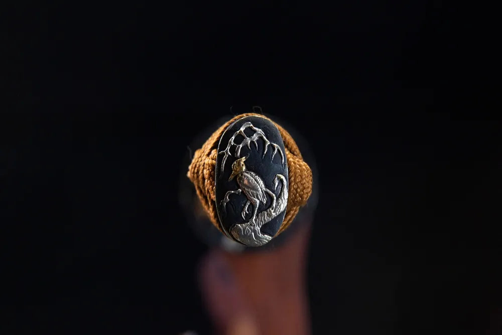 Kashira pommel cap carved crane gilt silver terminal fitting