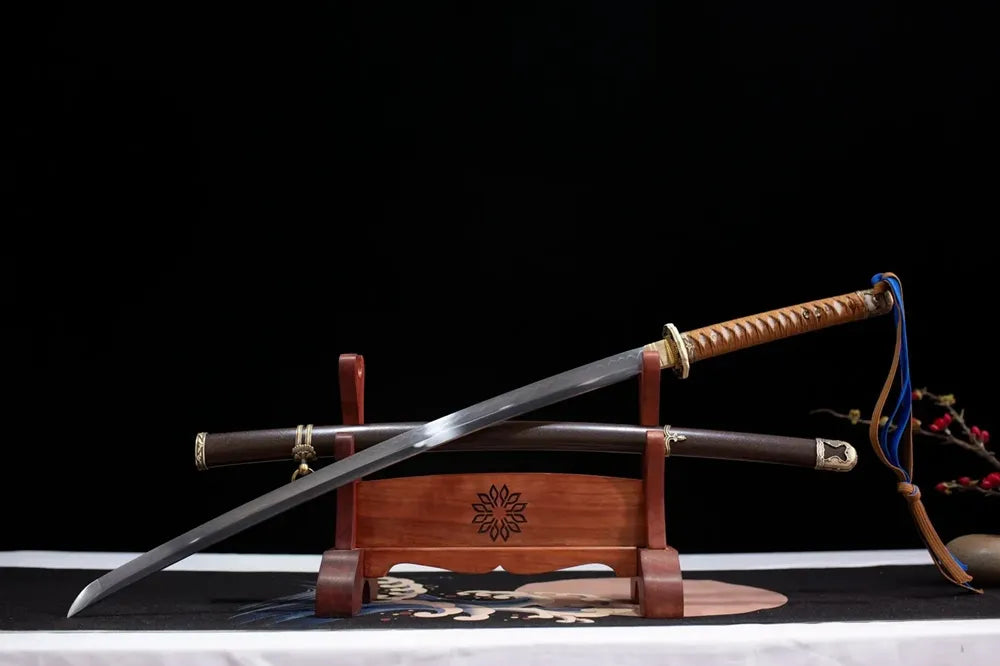 Slanted upright drawn 98‑style vintage military saber wooden shelf front perspective