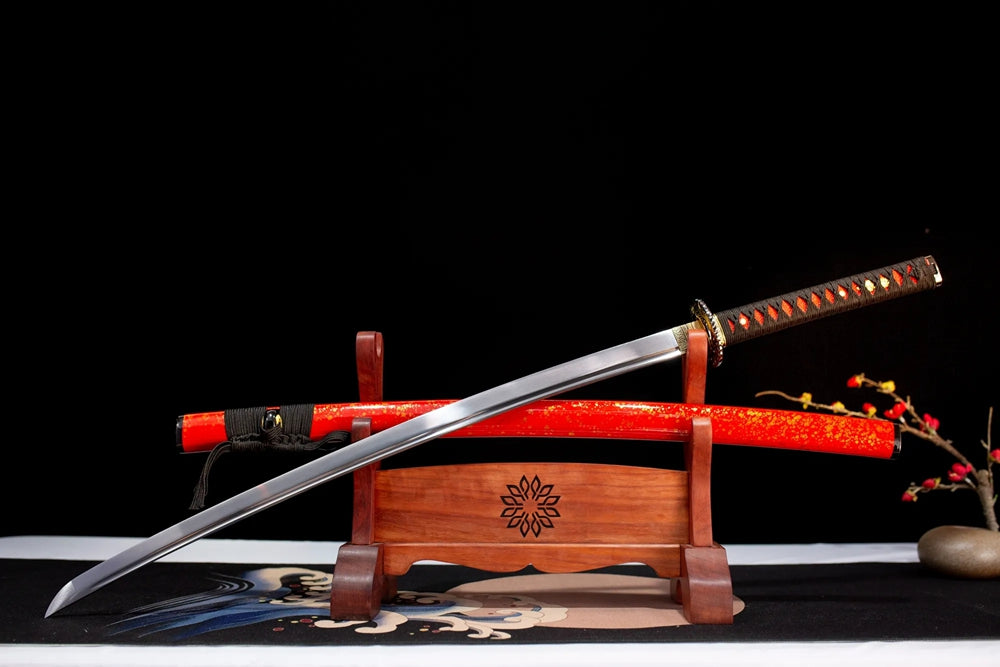Slanted upright drawn Startled‑Salamander‑Katana budget‑beginner‑iaido‑practice katana wooden shelf front perspective