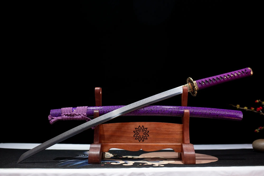 Slanted upright drawn Lady‑Murasaki‑Katana graceful feminine‑aesthetic katana wooden shelf front perspective