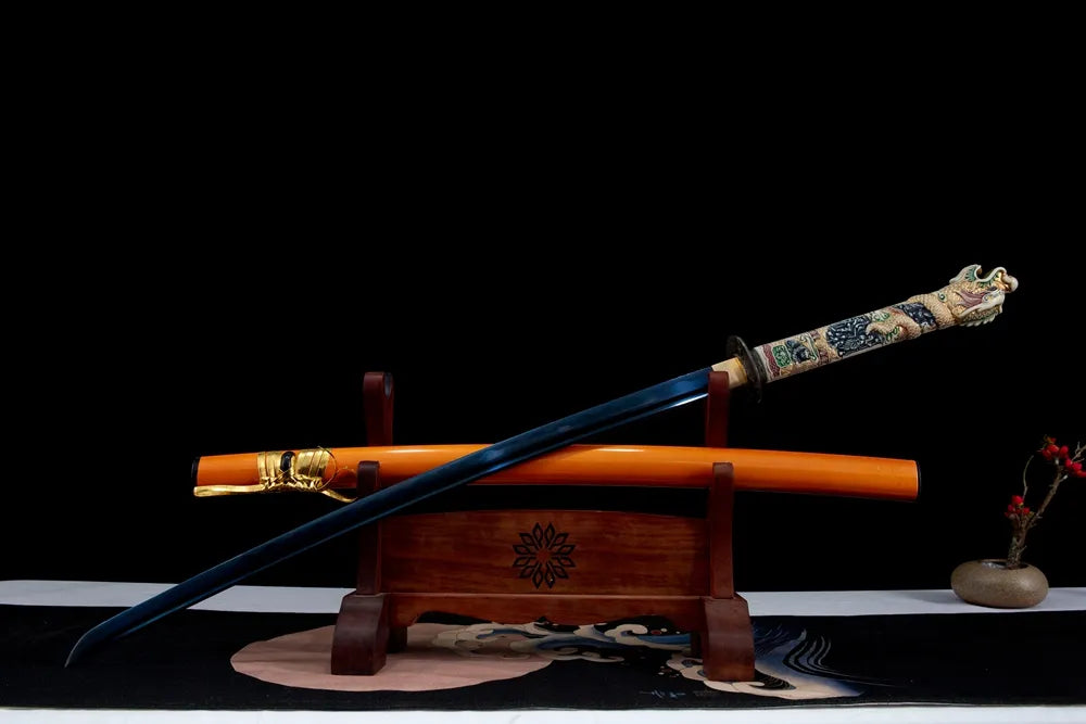 Highlander Dragon Katana | T10 Full Blue Polished Blade Sculpted Dragon Tsuka Black Iron Tsuba Golden Hardware Orange Lacquer Saya Disassemblable Katana