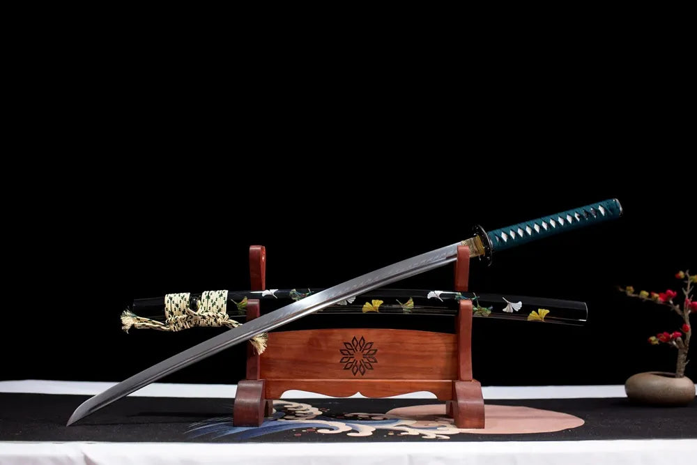 Slanted upright drawn traditional ginkgo‑collectible katana wooden shelf front perspective