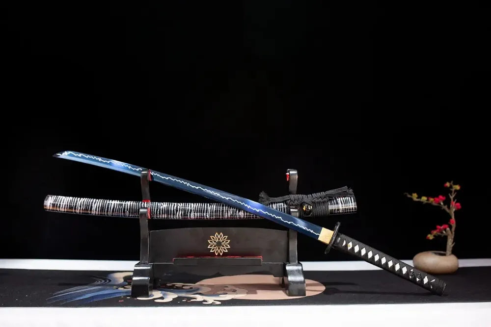 Slanted upright drawn Colore‑Katana colore‑western‑hybrid‑art katana wooden shelf front perspective