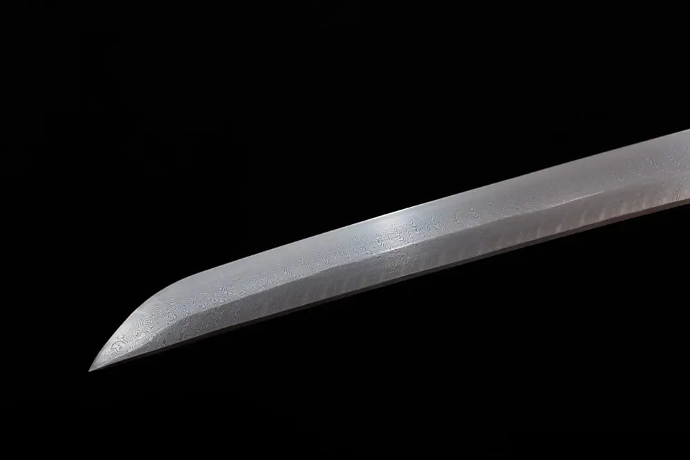 Classic functional katana‑style kissaki tip of Prajna‑Katana blade close‑up view