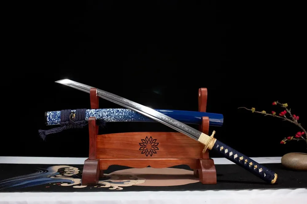 Slanted upright drawn Mirror‑Heart‑Demon‑Wakizashi mirror‑heart‑dark‑phantom‑art wakizashi small wooden shelf front perspective