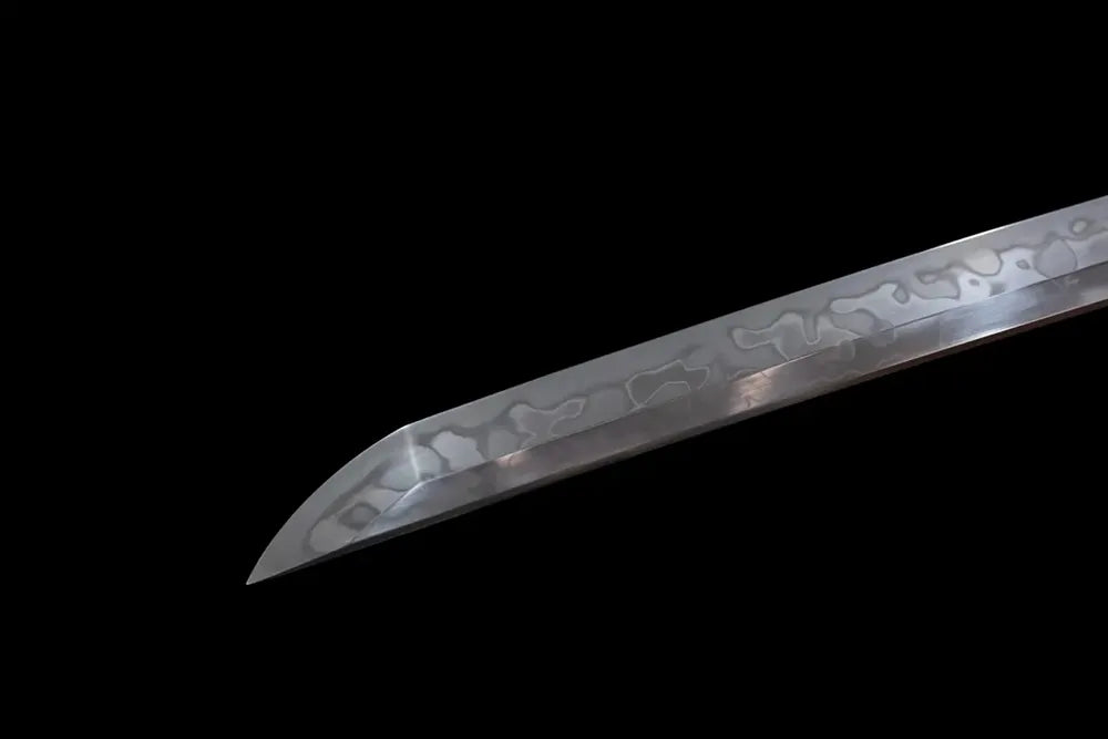 Classic functional katana‑style kissaki tip of Butterfly‑Dance‑Katana blade close‑up view