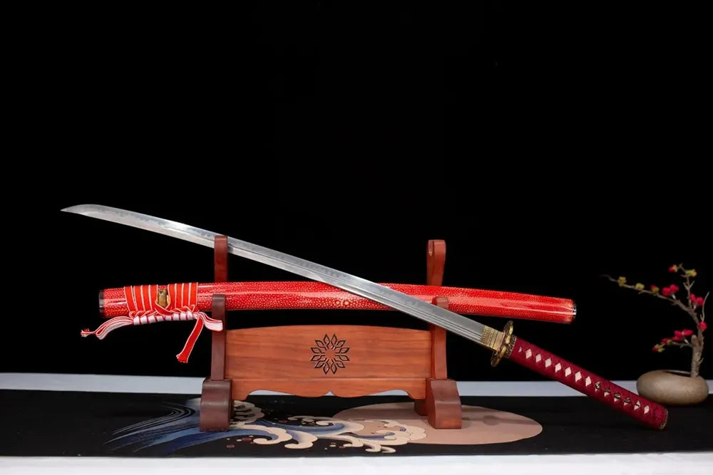 45‑angle open full‑size Purgatory‑Katana purgatory hannya dark‑oni‑demon‑motif samurai katana two‑layer wooden stand front view