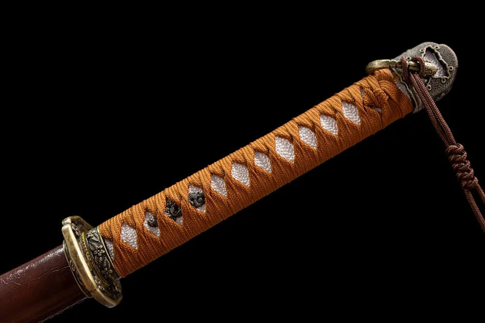 Full orange‑brown moro‑hineri ito woven tsuka vintage floral brass military fittings complete front shot