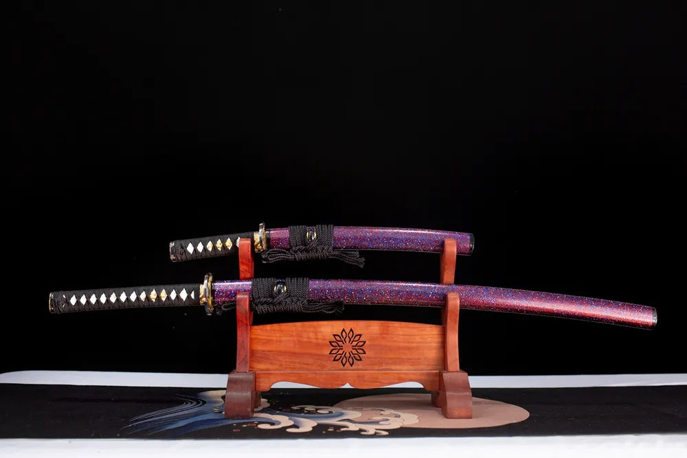 Moyuan‑Katana‑Set complete dual‑sword set katana+wakizashi placed together on wooden sword stand purple‑glitter‑phantasm series full studio shot