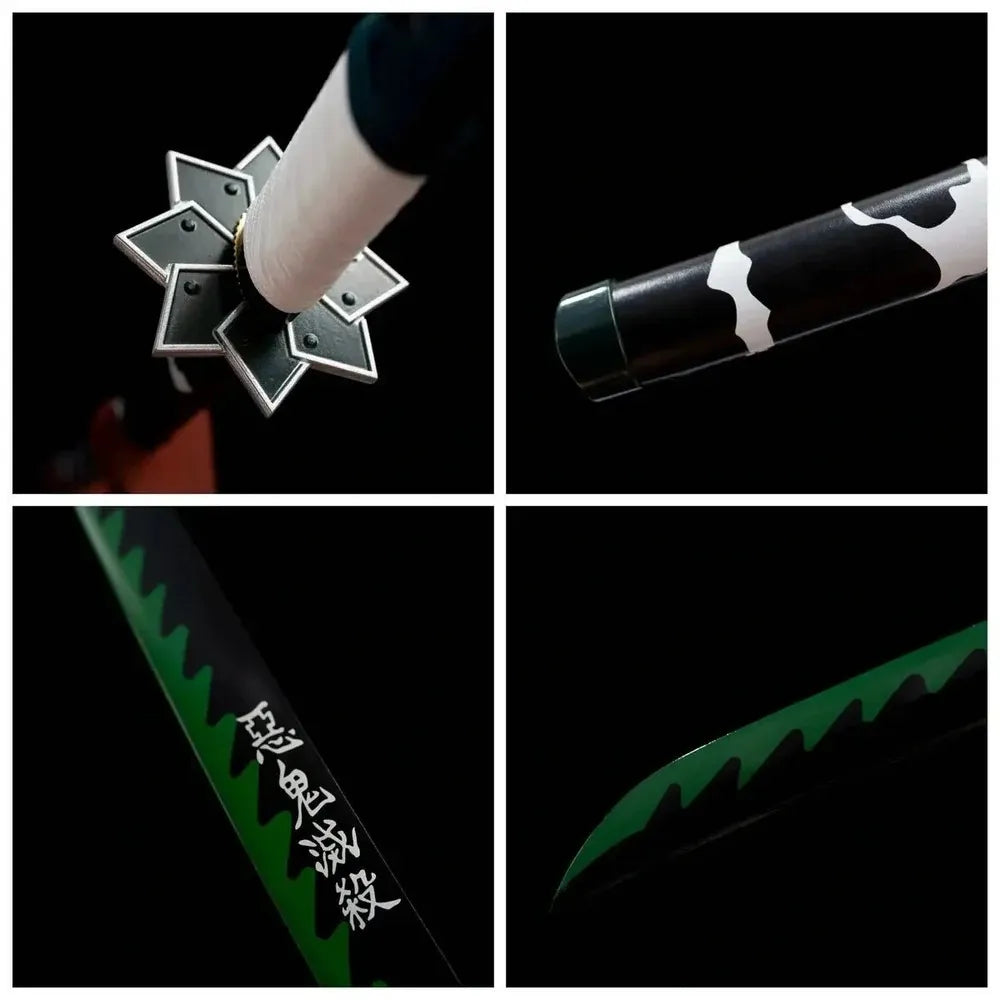 Four‑grid collage eight‑point jagged‑star tsuba, white‑green tsuka, black wind‑print saya, jagged wind‑edge blade close‑up details