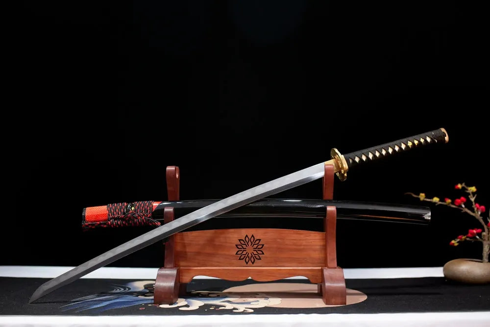 Slanted upright drawn long half‑makeup‑theme katana wooden shelf front perspective