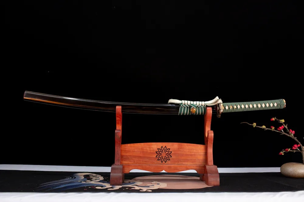 Horizontal laid closed mist‑grey‑blue wind‑bell‑cloud‑flow Aeolian‑Bells‑Katana scabbard flat table‑top front display